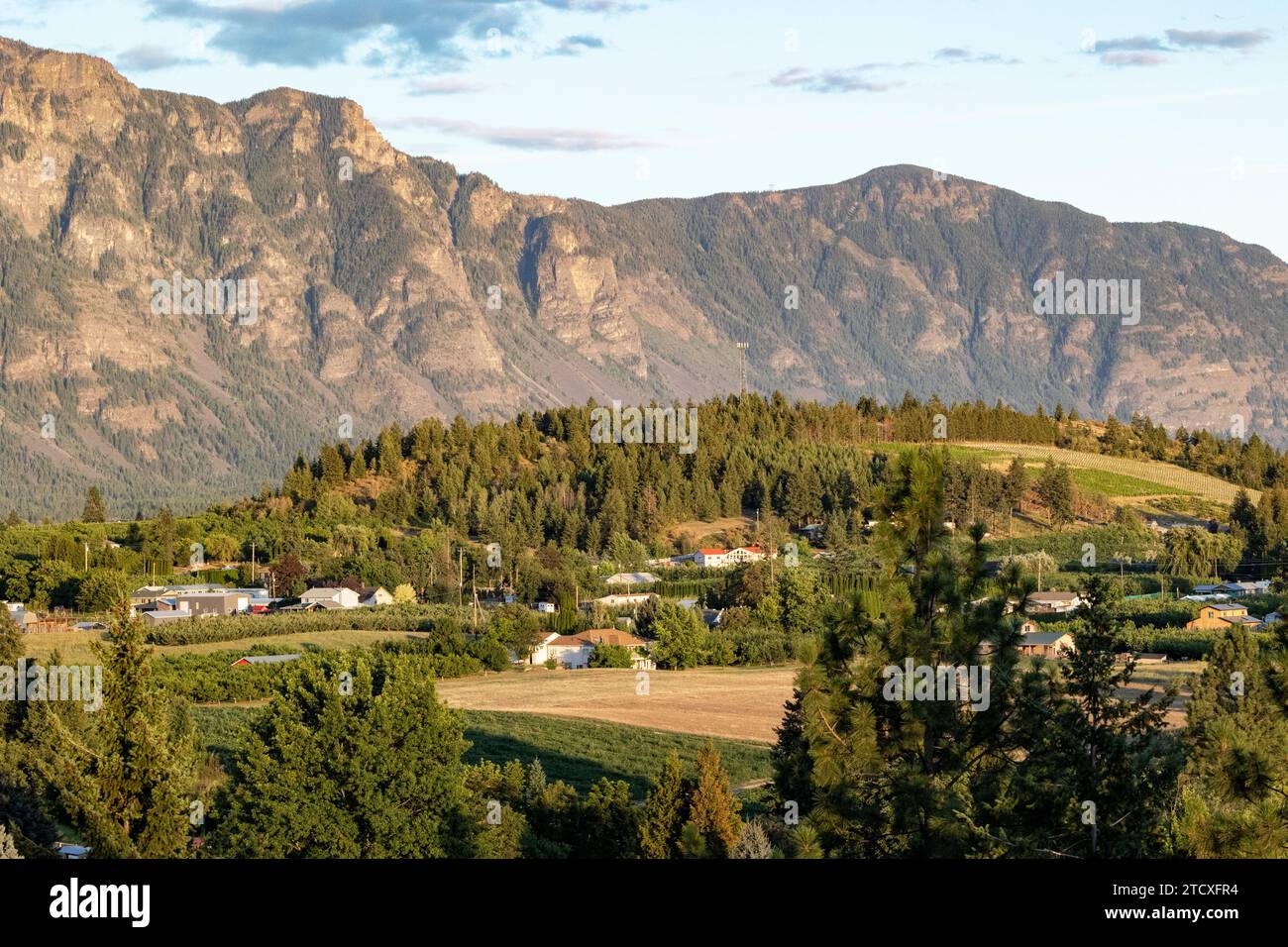 Blick über das Creston Valley auf die Skimmerhorn Range der Purcell Mountains an einem Sommerabend in British Columbia, Kanada Stockfoto