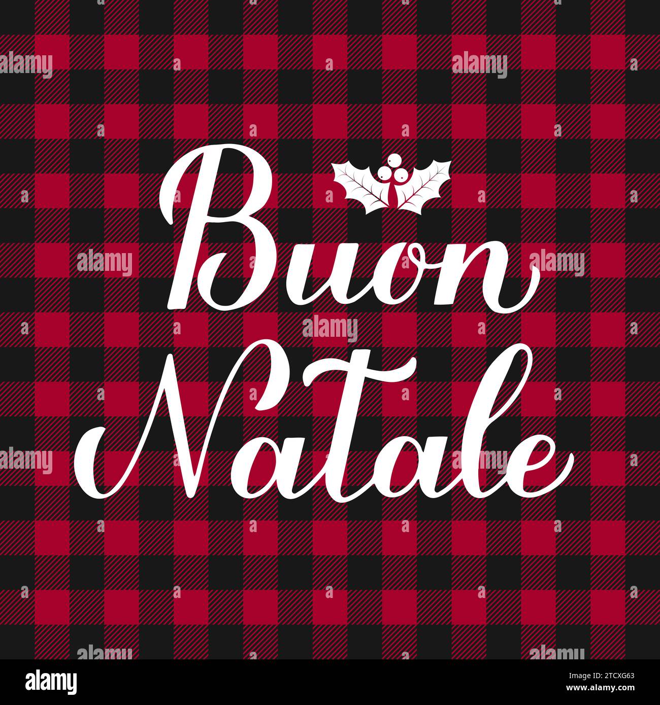 Buon Natale Kalligraphie Handschrift auf rotem Büffelkarienhintergrund. Frohe Weihnachten Typografie Poster auf Italienisch. Vektorvorlage für Begrüßungswagen Stock Vektor