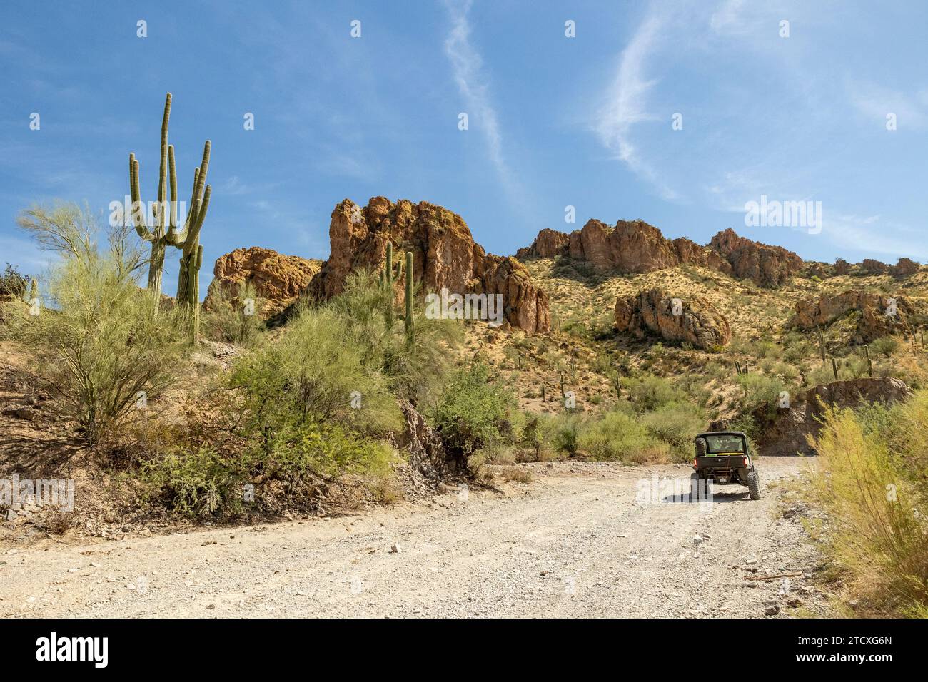 UTV auf einem Wanderweg neben zerklüfteten Hügeln und Kakteen in der Nähe des Box Canyon in Arizona, USA Stockfoto