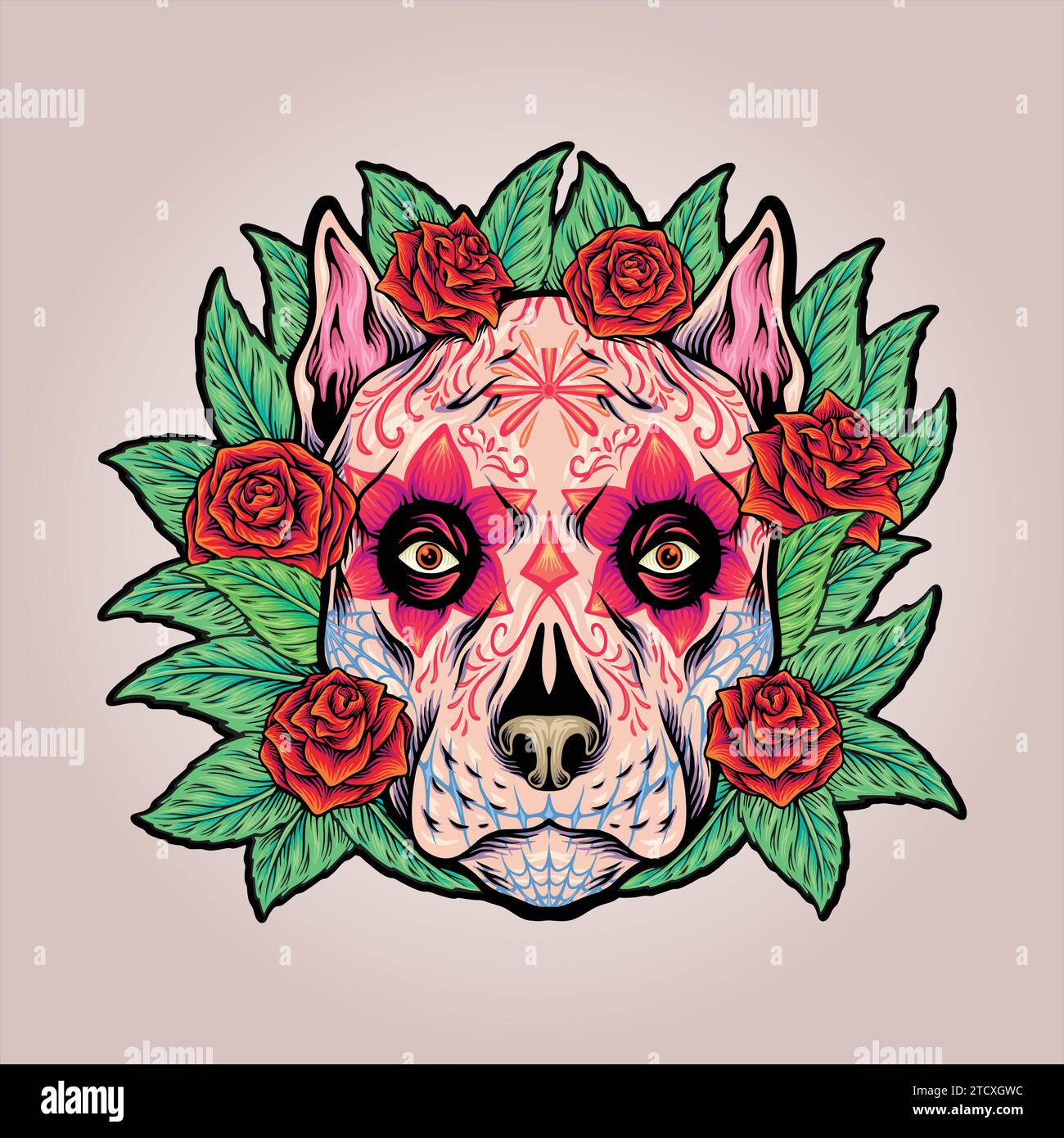 Floral Muerte Hundekopf Fantasien Vektor Illustrationen für Ihre Arbeit Logo, Merchandise T-Shirt, Aufkleber und Label Designs, Poster, Grußkarten Adver Stock Vektor