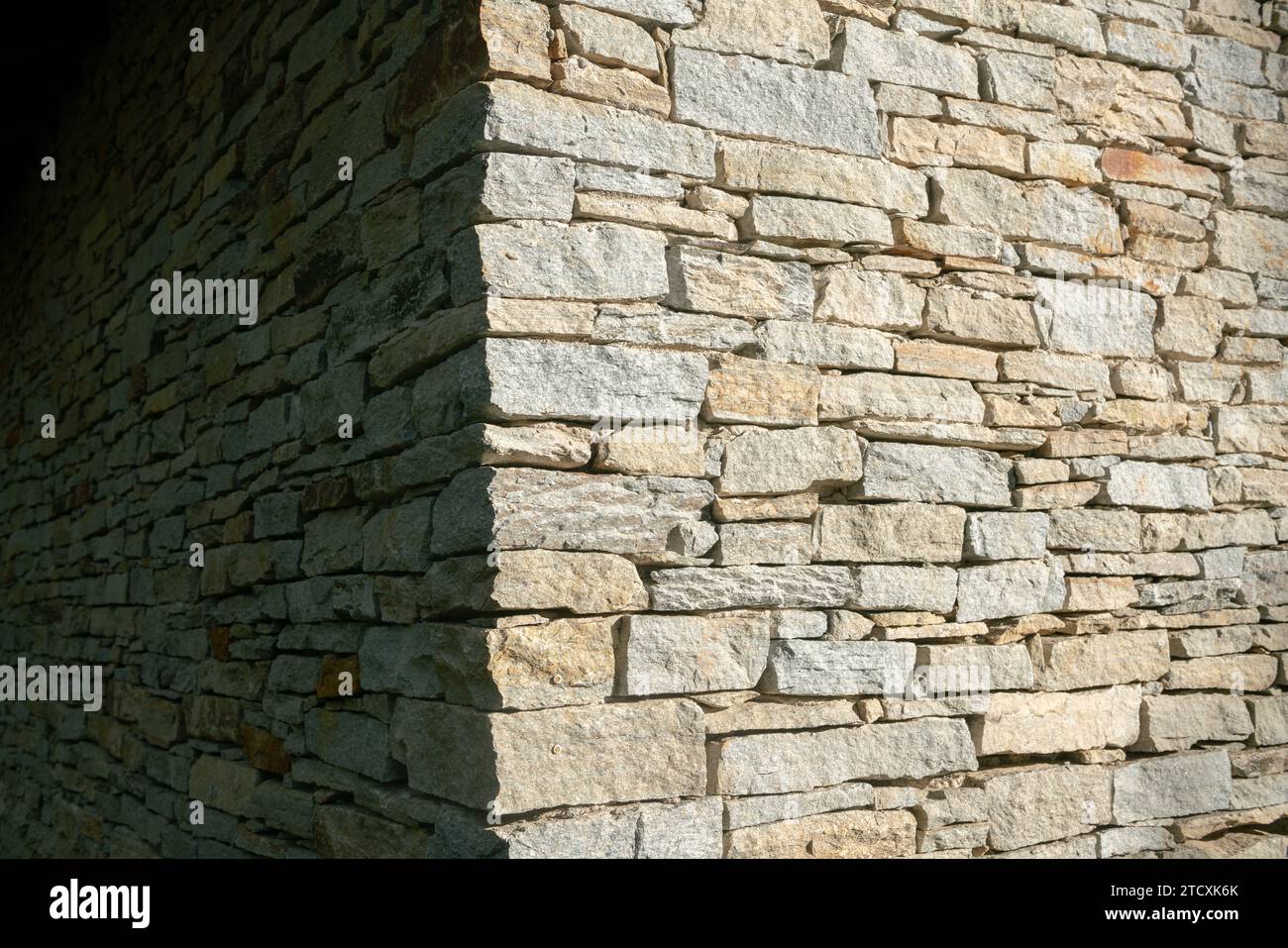 Textur einer Steinmauer mit robuster und faltiger Oberfläche, gekennzeichnet durch eine Vielzahl von Erdtönen und faszinierenden Details, die eine Atmosphäre von bieten Stockfoto