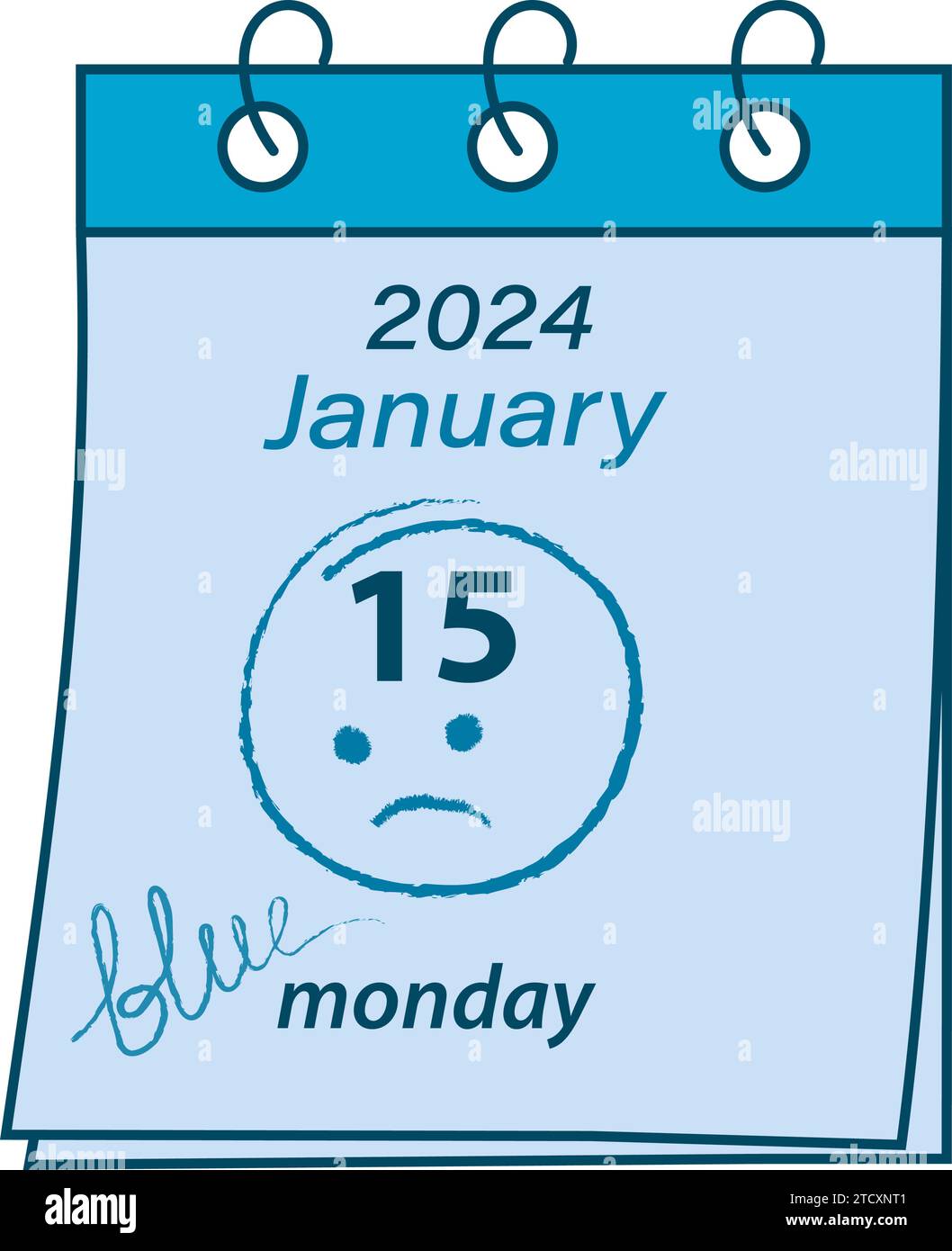 Kalenderblatt mit Datum vom 15. Januar 2024, handgeschriebener Inschrift und Strich. Happy Blue Monday Day. Isolieren. EPS. Vektordesign-Konzept für Grußkarten, Karten, Poster und andere und andere verschiedene Verwendungen Stock Vektor