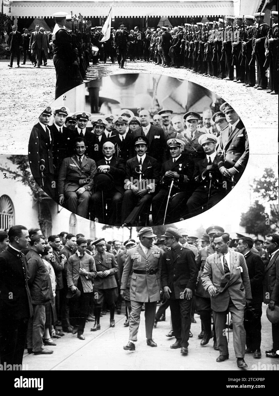 04/01/1926. Sevilla. Weitere Notizen zu den Feierlichkeiten dieser Tage. 1. Der König (X), der die Firma "Buenos Aires" auf der Molini Avenue 2 überprüft. D. Alfonso), Kommandant Franco (D), Kapitän Ruiz de Alda (E) und die Offiziere. 3. Mechaniker Pablo Rada (X), umgeben von Arbeitern des Militärfeuerwerks, nachdem er eine Erinnerungsrolle erhalten hatte. Quelle: Album / Archivo ABC / Julio Duque Stockfoto