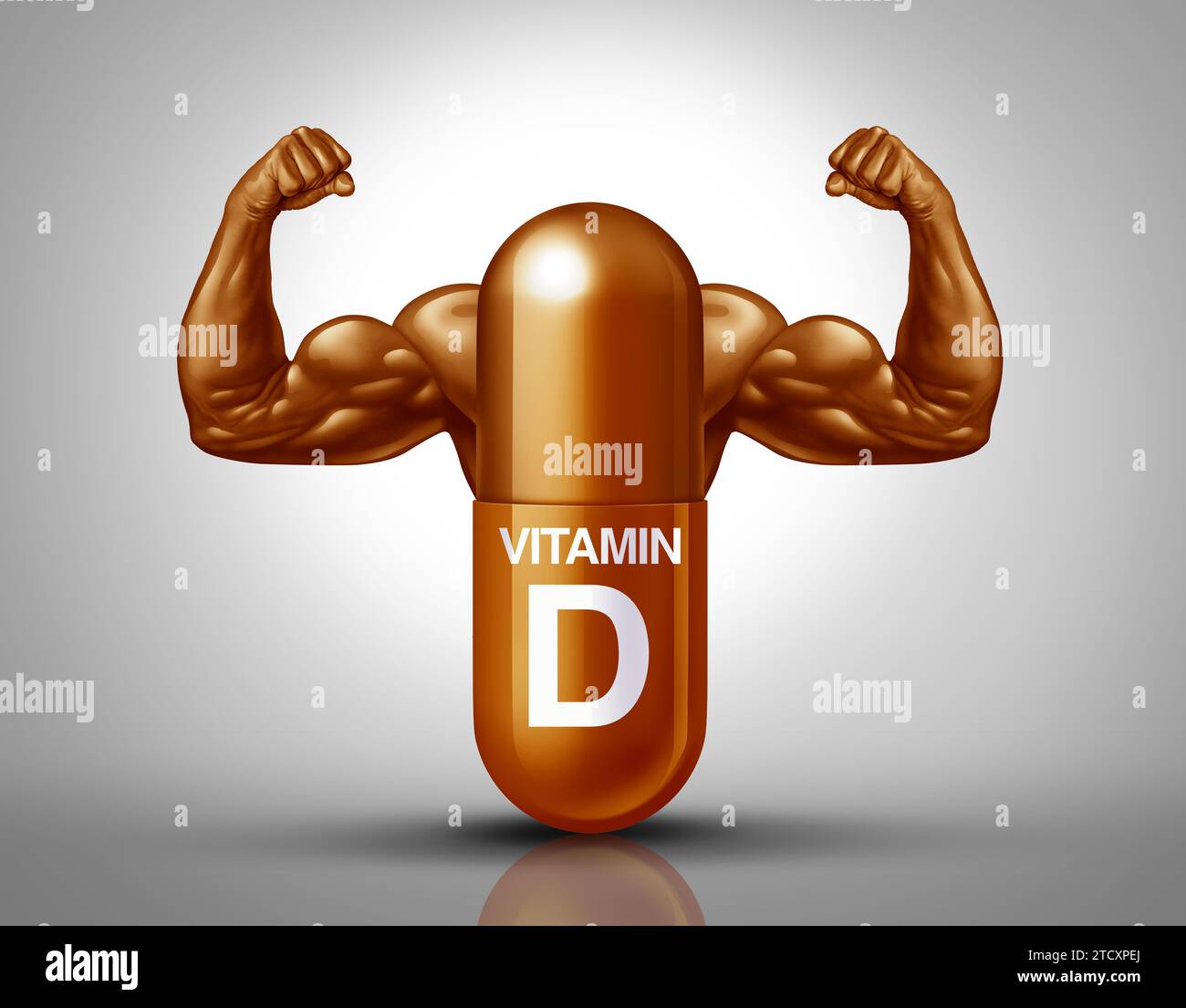 Vitamin D Power Supplement Konzept und Diätnahrungspille Nährstoffkapsel für das Immunsystem und die allgemeine Gesundheit mit Muskel Bizeps in einem Pharma Stockfoto