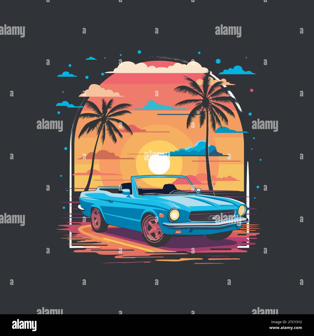 Illustration eines blauen Autos im Sonnenuntergang. Perfekt für T-Shirts, Logos, Aufkleber und andere. Für die Sommersaison geeignet. Fahrzeugvektorillustr Stock Vektor