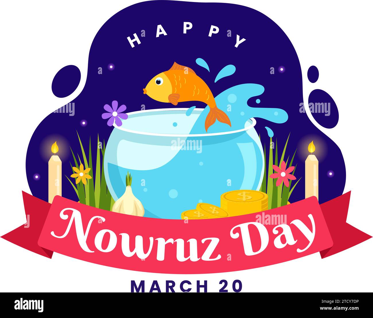 Happy Nowruz Day Vektor Illustration. Übersetzung: Persisches Neujahr, am 20. März mit Glas, Fisch, Ziereiern und Gras Semeni in flachem Hintergrund Stock Vektor