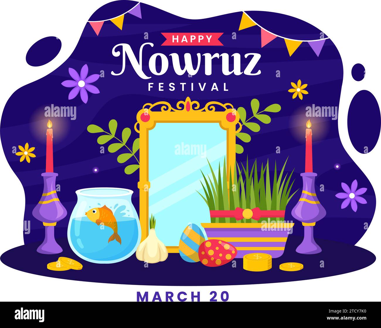 Happy Nowruz Day Vektor Illustration. Übersetzung: Persisches Neujahr, am 20. März mit Glas, Fisch, Ziereiern und Gras Semeni in flachem Hintergrund Stock Vektor