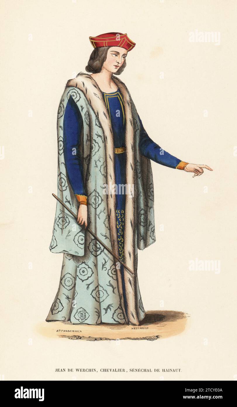 Jean III. De Werchin, der Gute (le Bon), Ritter Irrant und Dichter aus der Grafschaft Hennegau, 1374–1415. In mit Hermelin gefütterter Manteline mit hängenden Ärmeln, blauer Tunika, mit einem Stock. Aus einer illustrierten Handschrift oeuvres historiques de Georges Chastelain. Jean de Werchin, Chevalier, Senechal de Hainaut, XVe Siecle. Handkolorierter Holzschnitt von AT. Pannemaker und H. Estaquier aus Jacques Joseph van Beverens Kostüm du Moyen Age, mittelalterliches Kostüm, Librairie Historique-Artistique, Brüssel, 1847. Stockfoto