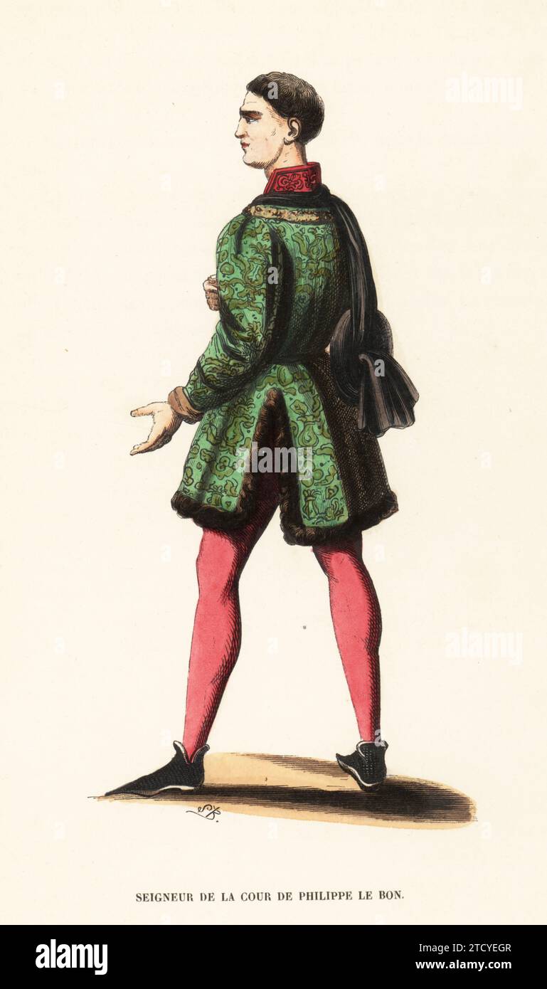 Höfling von Philipp dem Guten, 15. Jahrhundert. Mit Pelz gefüttertem Wappen, Schlauch und Schuhen. Aus einer Miniatur in Chroniques du Hainaut von Jacques de Guise in der Bibliothèque royale de Bruxelles. Seigneur de la cour de Philippe le Bon, XVe Siecle. Handkolorierter Holzschnitt von SB aus Jacques Joseph van Beverens Kostüm du Moyen Age, mittelalterliches Kostüm, Librairie Historique-Artistique, Brüssel, 1847. Stockfoto