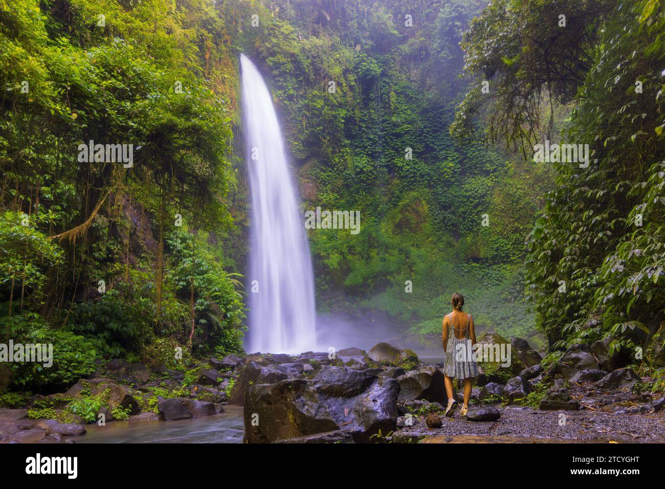 Eine junge Frau am Nungnung Wasserfall im üppigen tropischen Wald, Bali, Indonesien Stockfoto