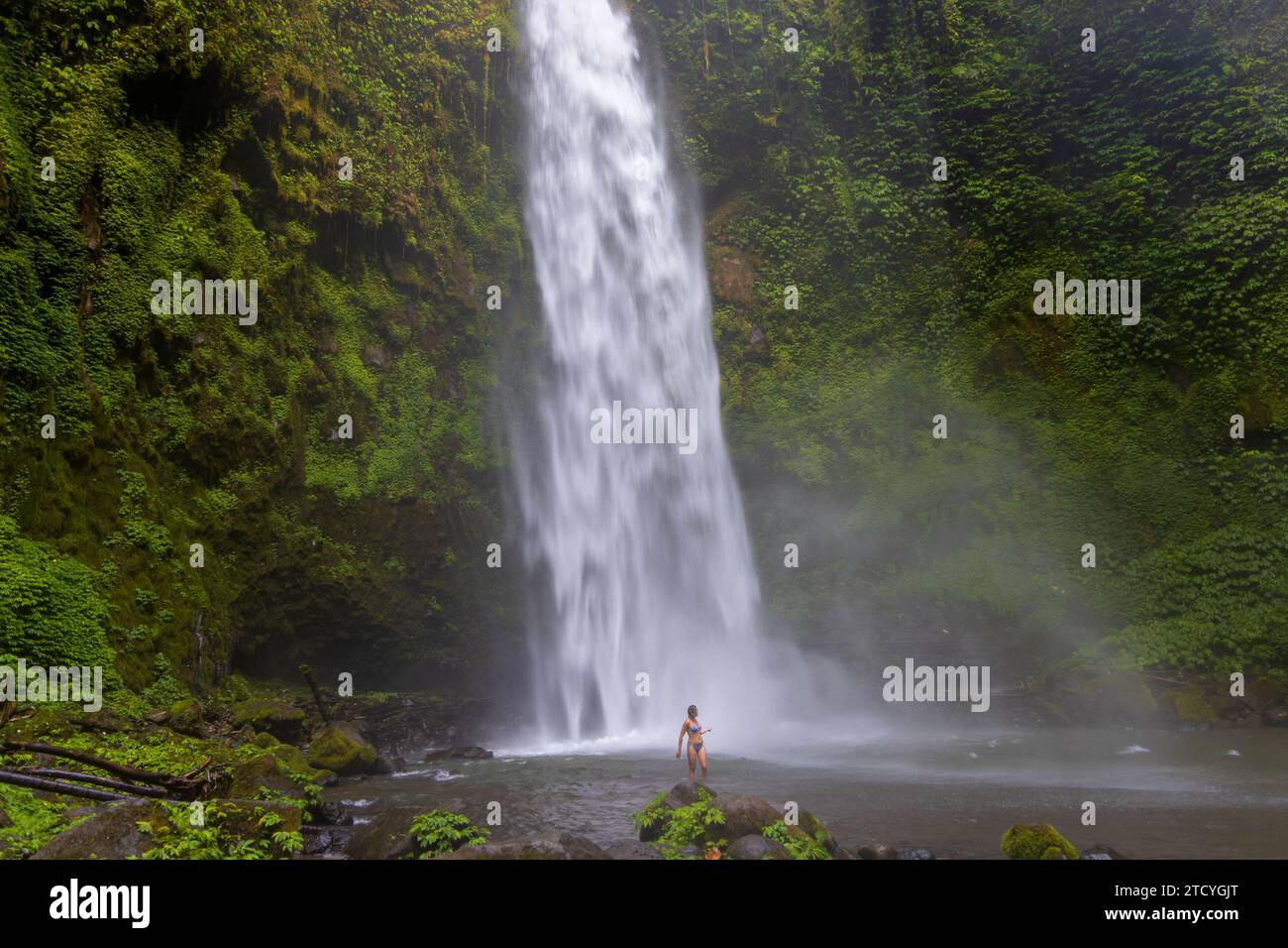 Eine junge Frau im Badeanzug am Nungnung Wasserfall im üppigen tropischen Wald, Bali, Indonesien Stockfoto