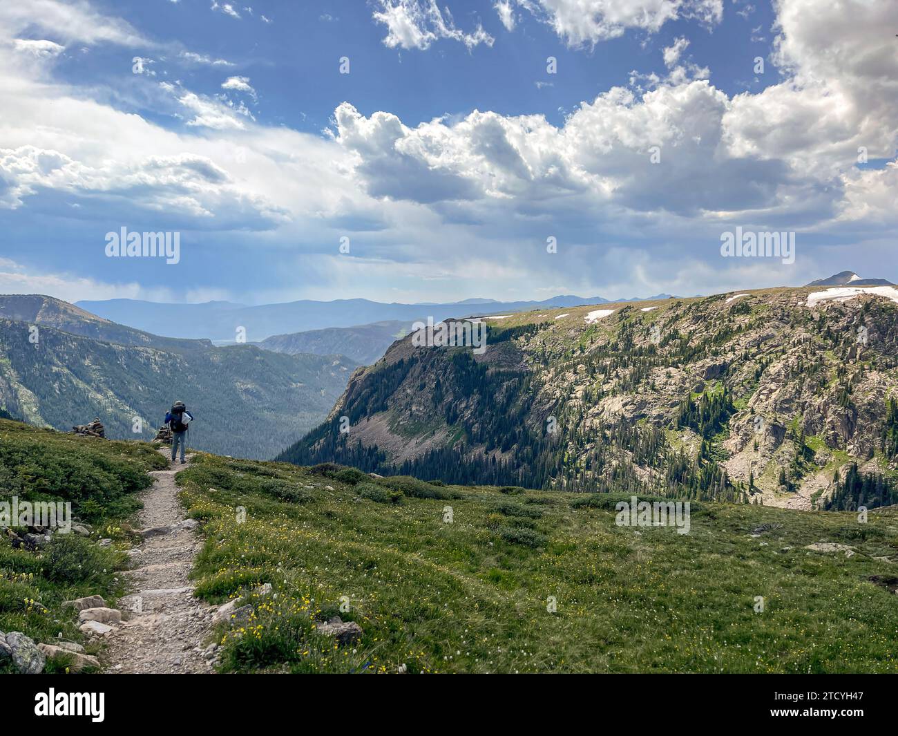 Ein einsamer Wanderer genießt die Weiten des North Inlet Trail mit Panoramablick auf die Berge im Rocky Mountain National Park. Stockfoto