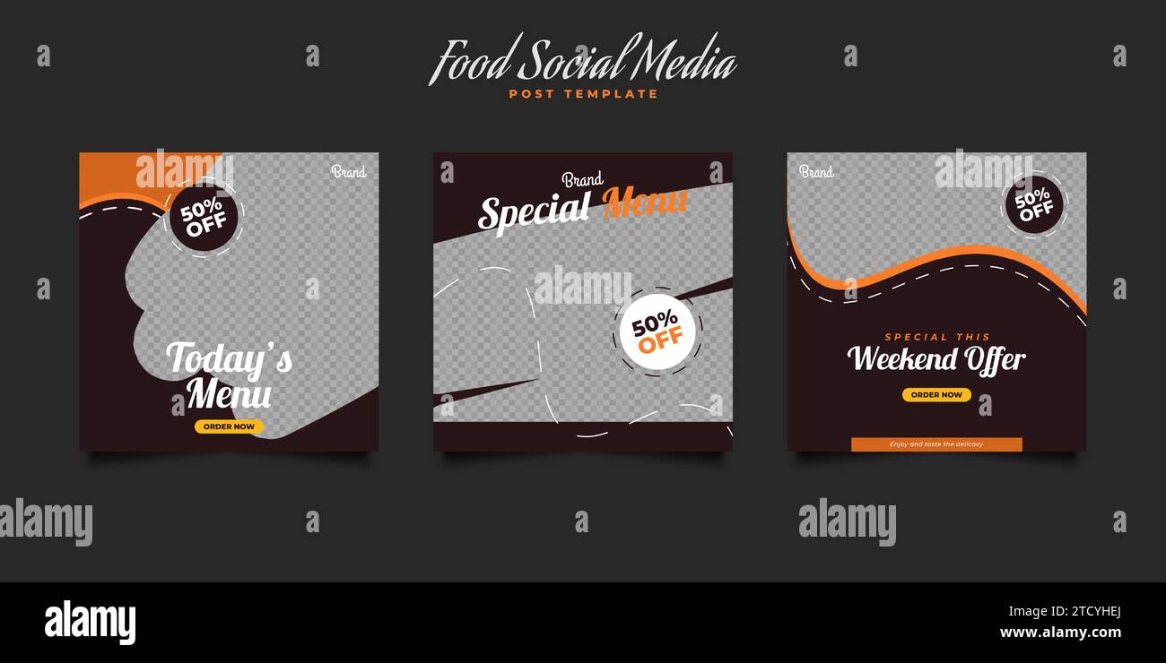 Set von Post- oder Bannervorlagen in sozialen Medien für Werbeaktionen zu Speisen oder Getränken Stock Vektor