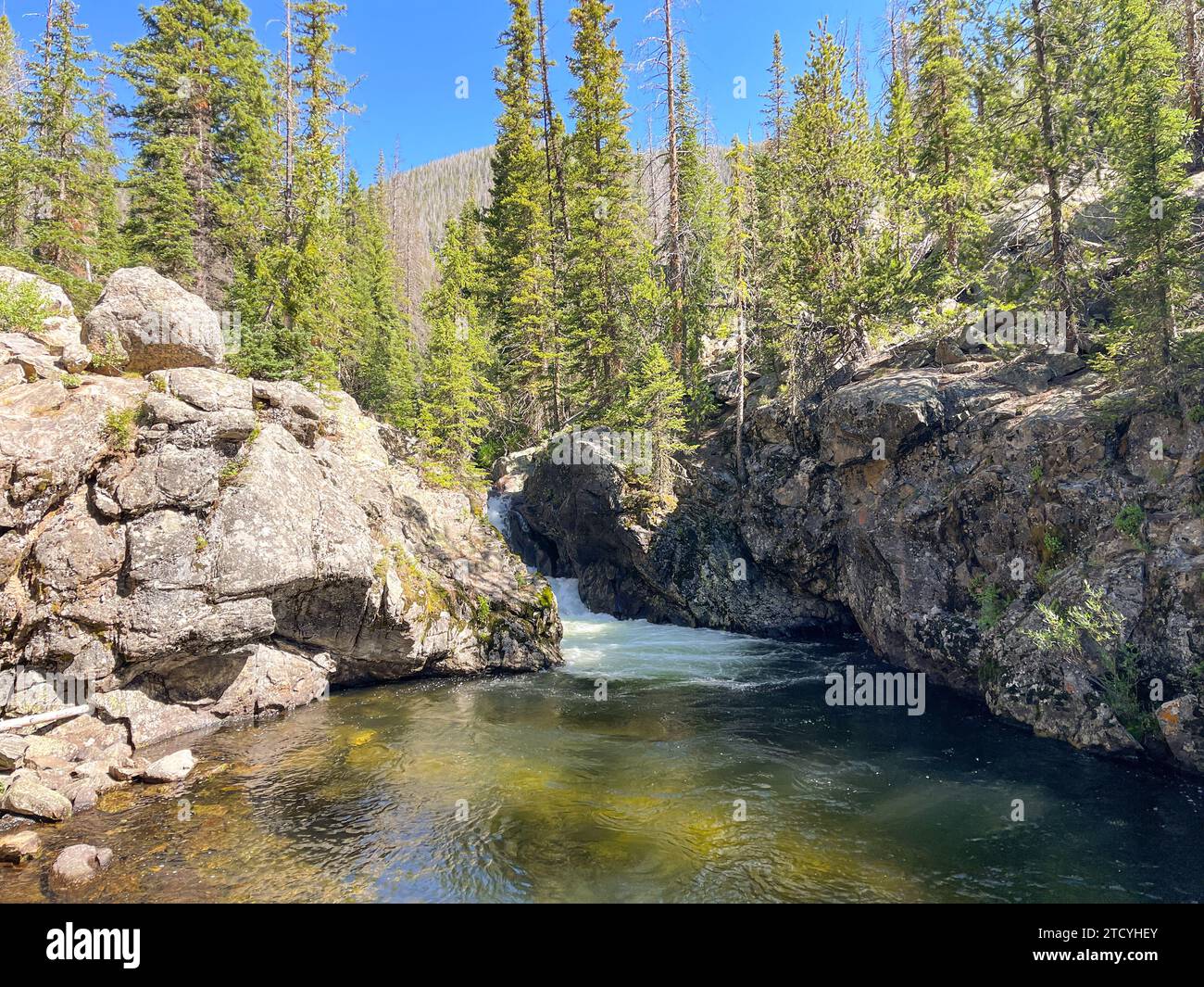 Der ruhige Big Pool, eingebettet zwischen zerklüfteten Klippen und umgeben von Kiefern, spiegelt die ruhige Schönheit des Rocky Mountain National Park wider. Stockfoto