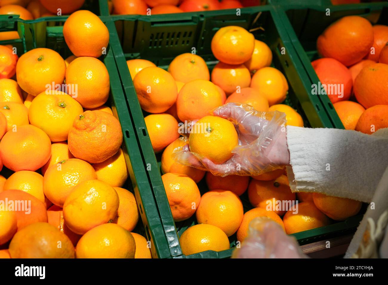 Nahaufnahme einer nicht erkennbaren Frau, die in einem Lebensmittelgeschäft Orangen pflückt, aus persönlicher Perspektive. Stockfoto