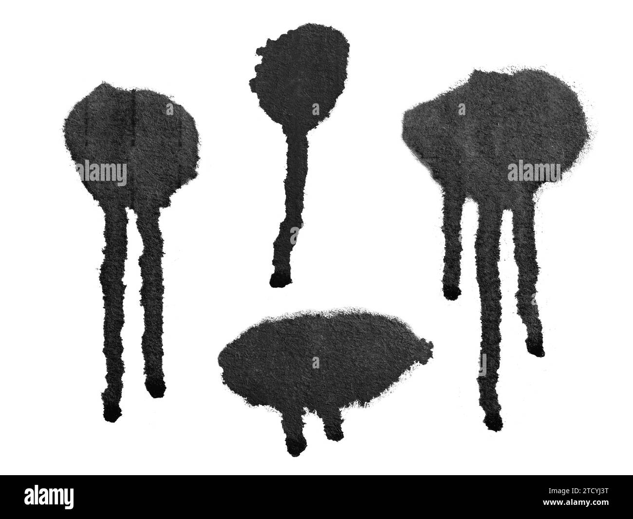 Schwarze Sprühfarbe mit Tropfen auf weißem Hintergrund mit Beschneidungspfad Stockfoto