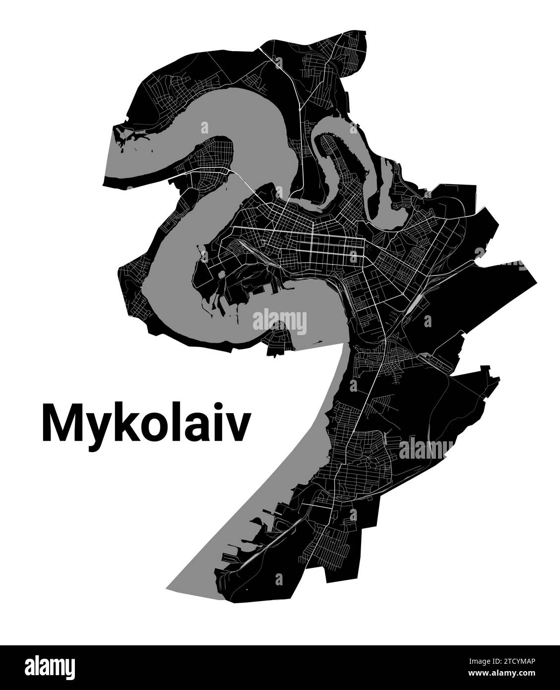 Mykolaiv Stadtplan, Ukraine. Kommunale Verwaltungsgrenzen, Schwarzweiß-Landkarte mit Flüssen und Straßen, Parks und Eisenbahnen. Vektorabbildung. Stock Vektor