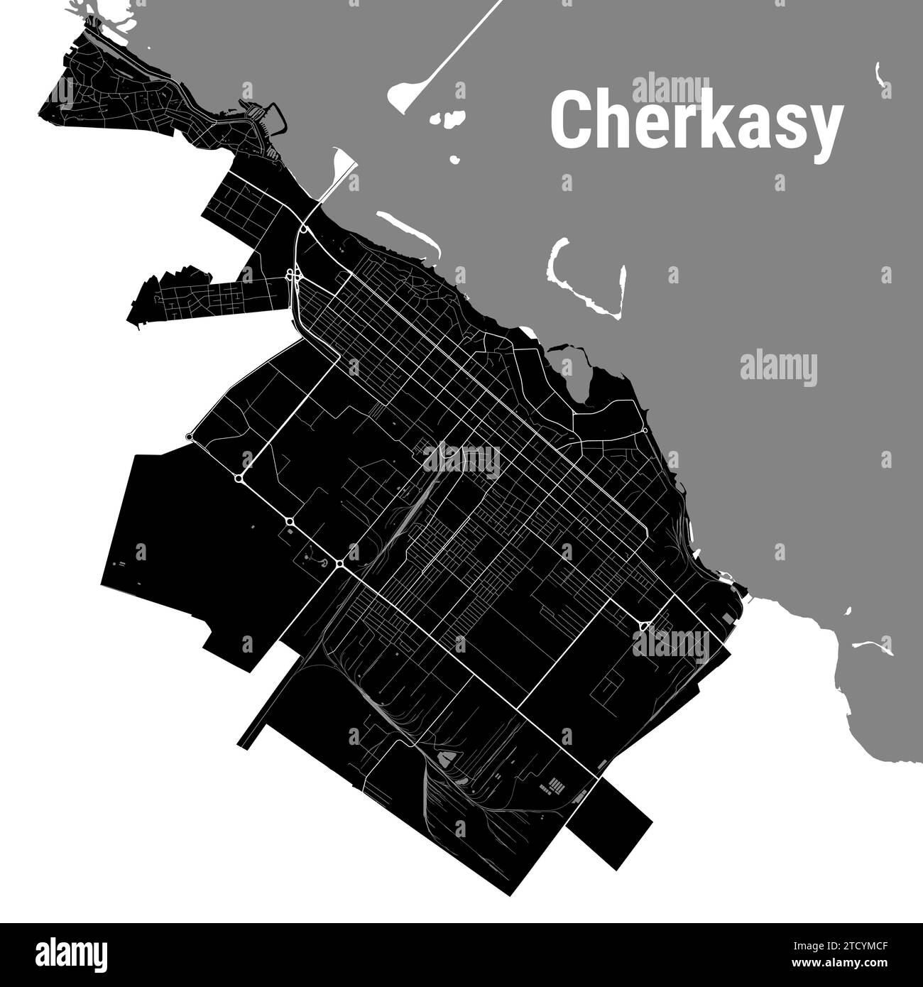 Tscherkasy Stadtplan, Ukraine. Kommunale Verwaltungsgrenzen, Schwarzweiß-Landkarte mit Flüssen und Straßen, Parks und Eisenbahnen. Vektorabbildung. Stock Vektor