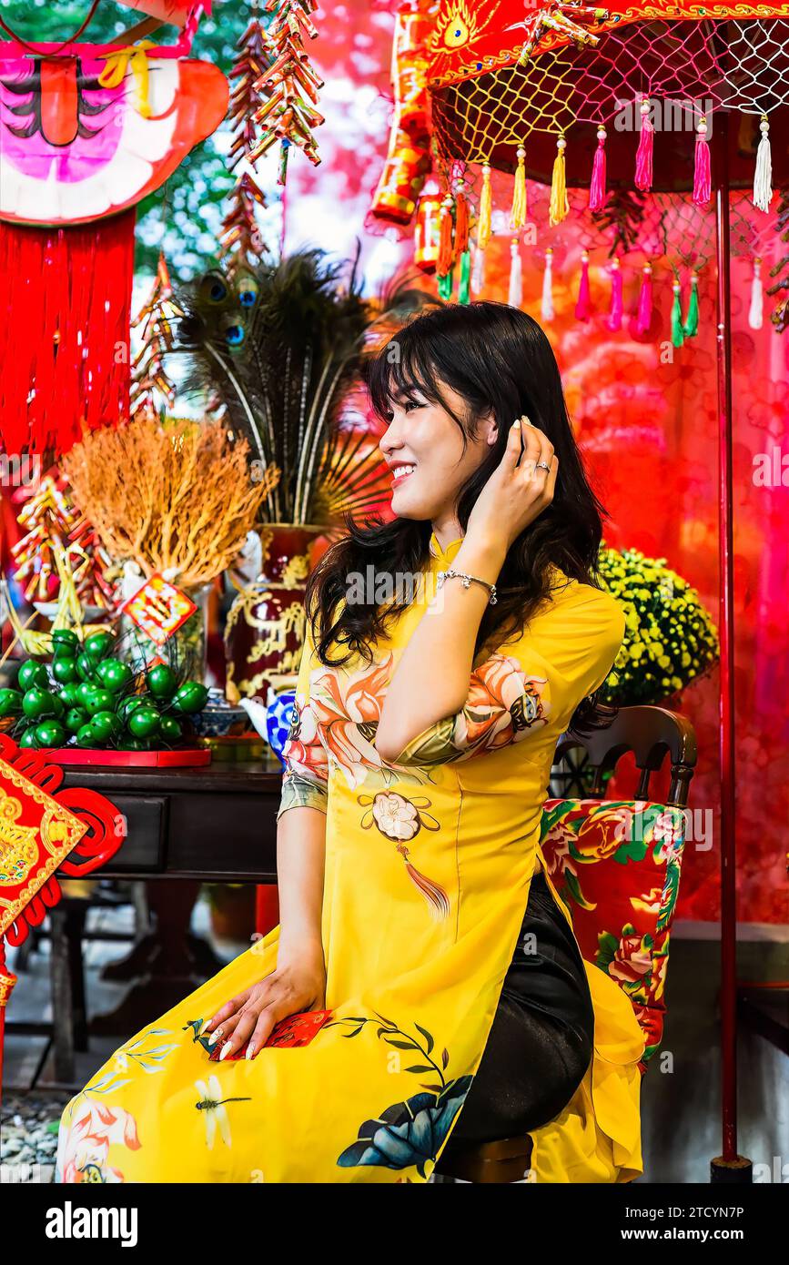 Wunderschöne vietnamesische Frau in traditionellem vietnamesischen Kleid im Tet-Lunar-Neujahr Stockfoto