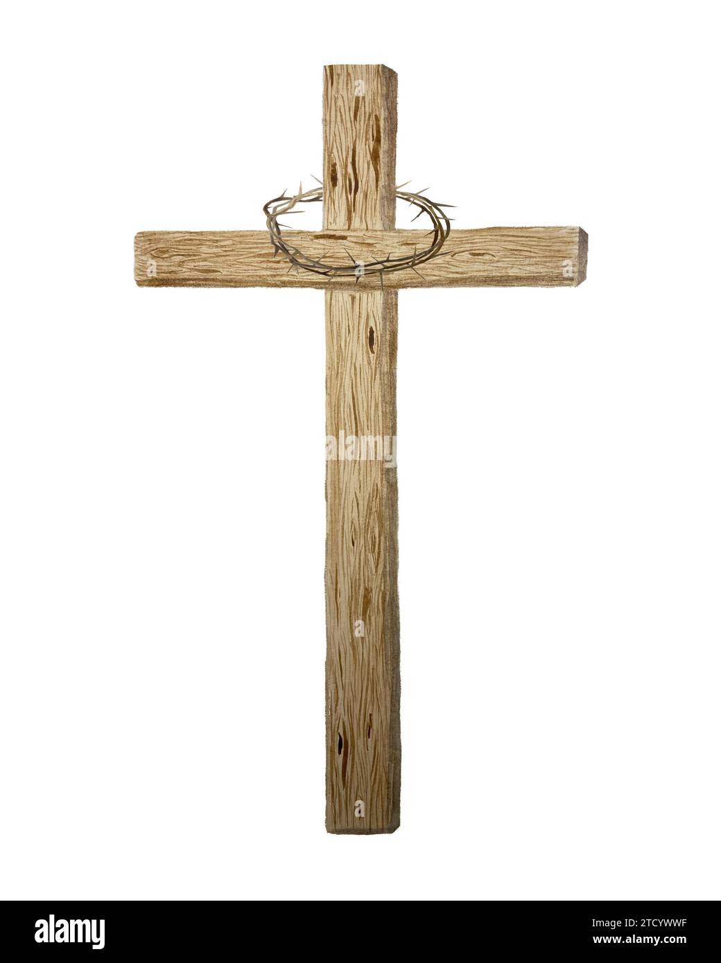 Aquarell Holzkreuz mit Dornenkrone für ostern, heiligen Donnerstag, Taufe, religiöse Illustration isoliert auf weiß Stockfoto