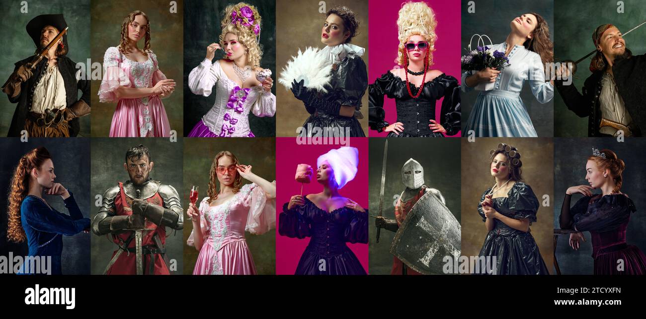 Collage aus Porträts mittelalterlicher königlicher Person, Königin, Prinzessin, Ritter und Piraten, die vor dunklem Vintage- und rosa Hintergrund posieren Stockfoto