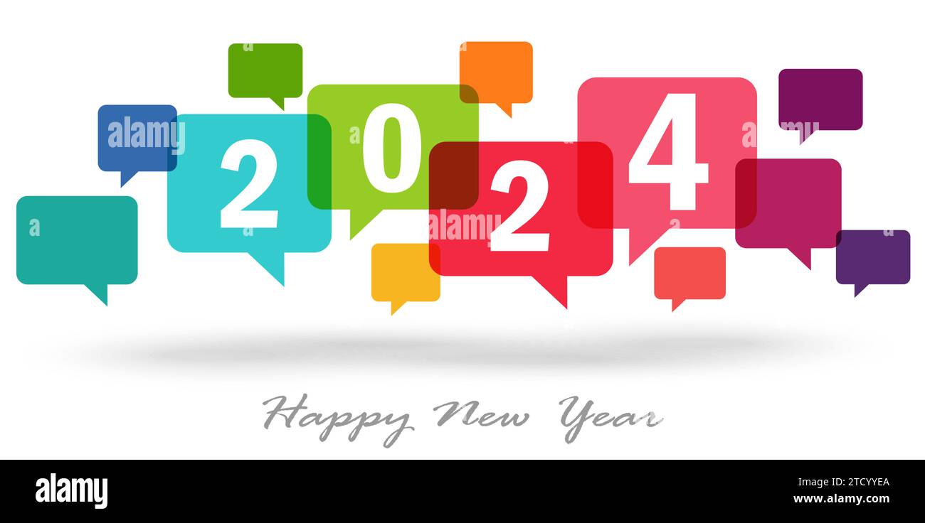 eps-Vektordatei mit Neujahrsgrüßen mit farbigen Sprechblasen und Text 2024 Stock Vektor
