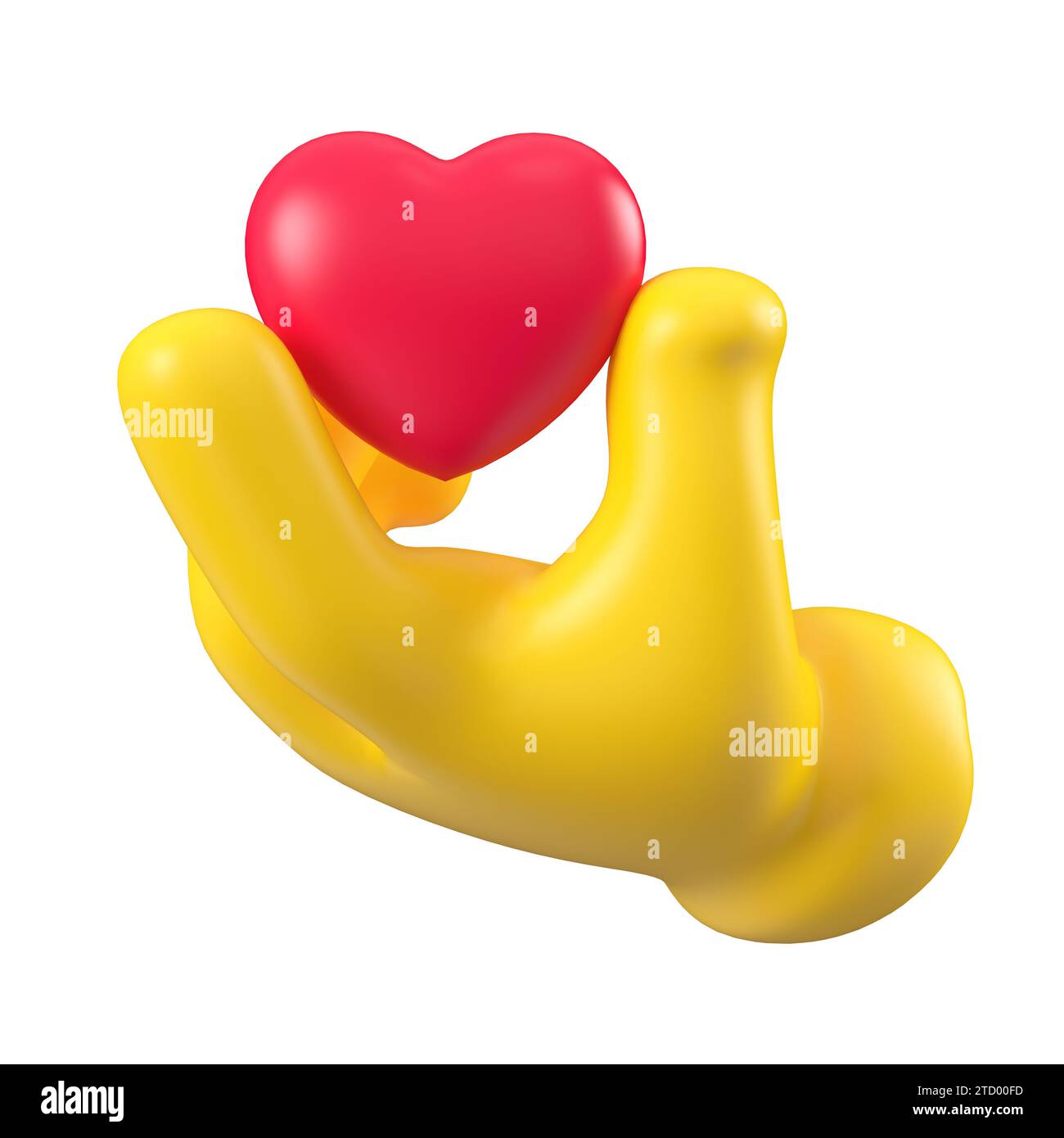 Rotes Herz in gelber Emoji-Hand. Isolierter Arm gibt ein rotes Herz Stockfoto