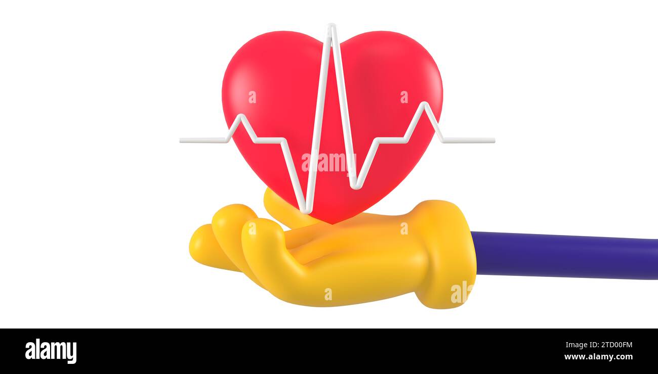 Gelbe Emoji-Hand, die Herz mit Puls hält. Isolierte Cartoon Arm halten oder Symbol Herz Geste geben Stockfoto