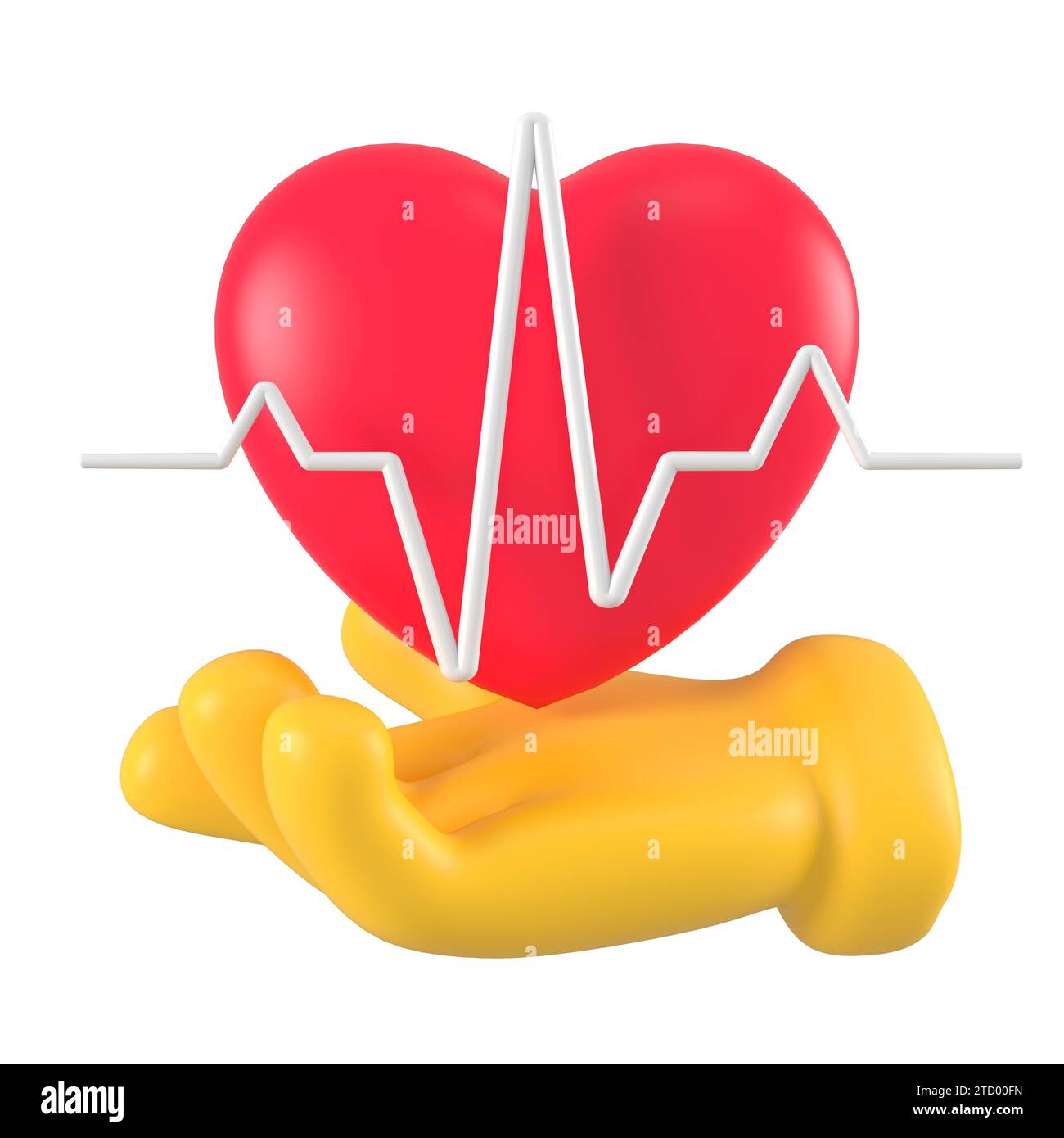 Gelbe Emoji-Hand mit rotem Herz und Puls. Isolierte Cartoon Arm halten oder Symbol Herz Geste geben Stockfoto