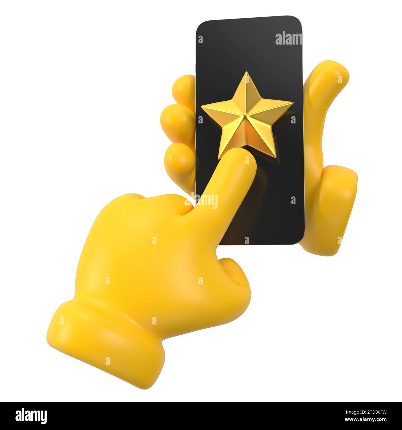 Gelbe Emoji-Hand, die den Stern auf dem Bildschirm hält und tippt. Mit Smartphone. Isoliertes Mobiltelefon Stockfoto