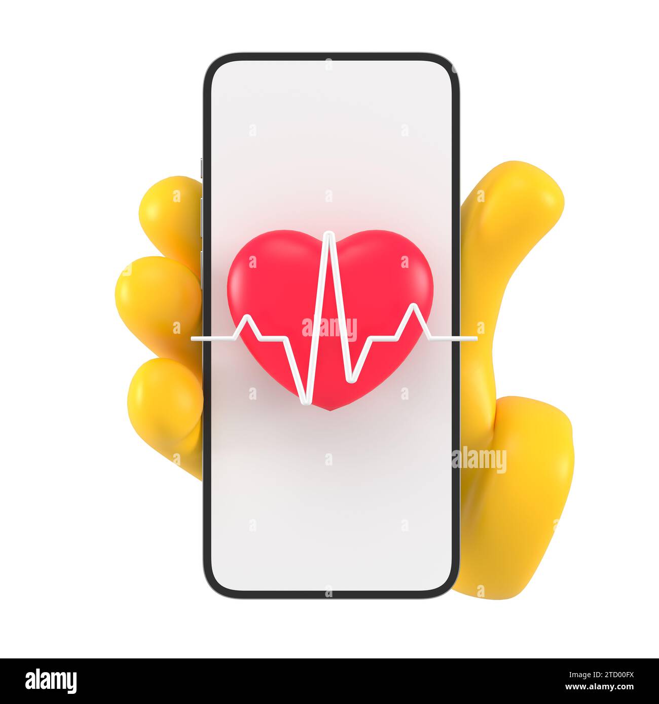 Gelbe Emoji-Hand, die Smartphone hält, mit Herzpuls auf dem Bildschirm. Isoliert über Mobiltelefon und Gesundheitswesen. 3D-Rendering. Stockfoto