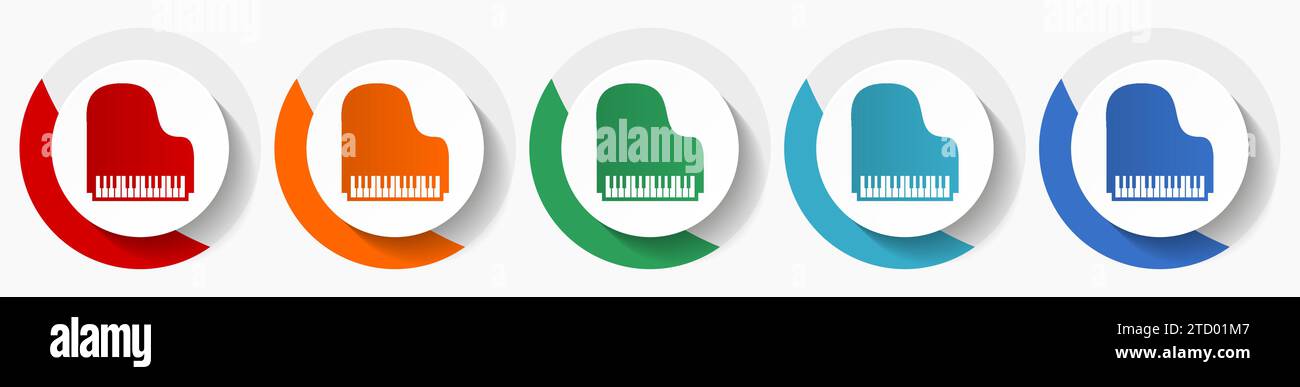 Piano, Musikvektor-Symbolsatz, flache Symbole für Logo-Design, Webdesign und mobile Anwendungen, bunte runde Tasten Stock Vektor