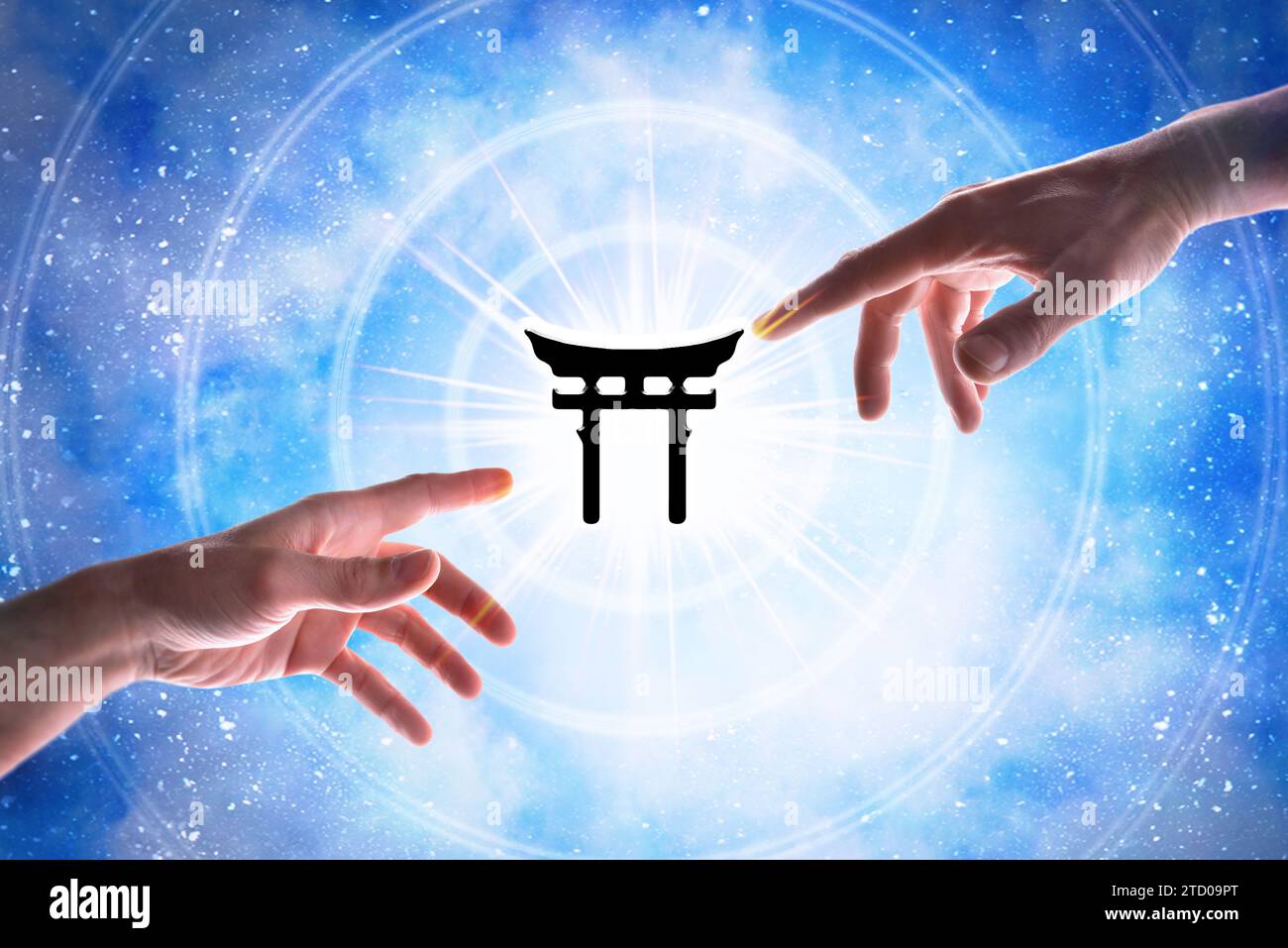 Hände zeigen shinto-Symbol mit konzentrischen Kreisen mit einem Lichtblitz auf einem magischen sternenblauen Hintergrund des Universums. Stockfoto