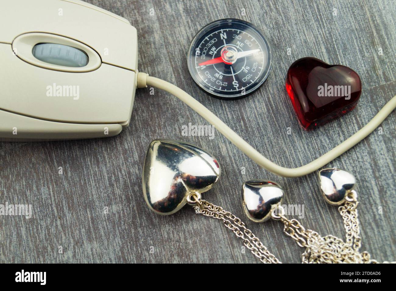 Herzen und Kompass mit Computermaus, symbolisches Bild der Liebe online Stockfoto