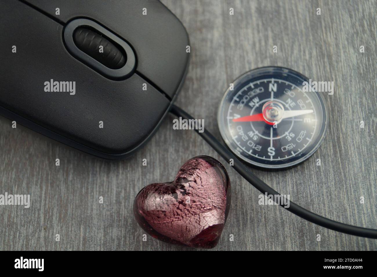 Herz und Kompass mit Computermaus, symbolisches Bild der Liebe online Stockfoto