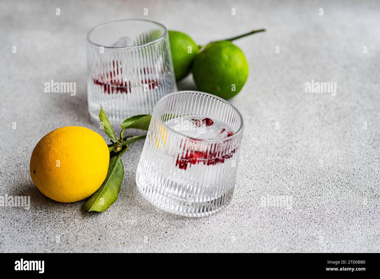 Zwei Gläser Gin Tonic mit Eiswürfeln und einer Garnitur aus lebendiger ...