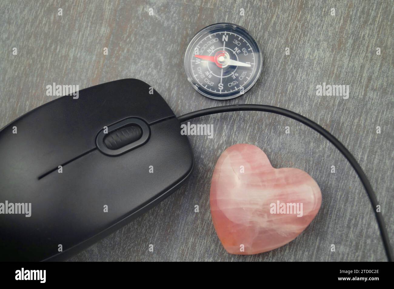 Herz und Kompass mit Computermaus, symbolisches Bild der Liebe online Stockfoto