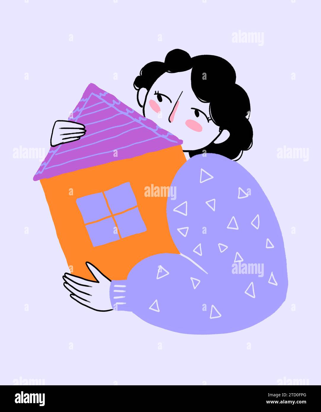 Illustration einer Frau, die ein buntes Haus in Händen trägt, isoliert über weißem Hintergrund Stockfoto