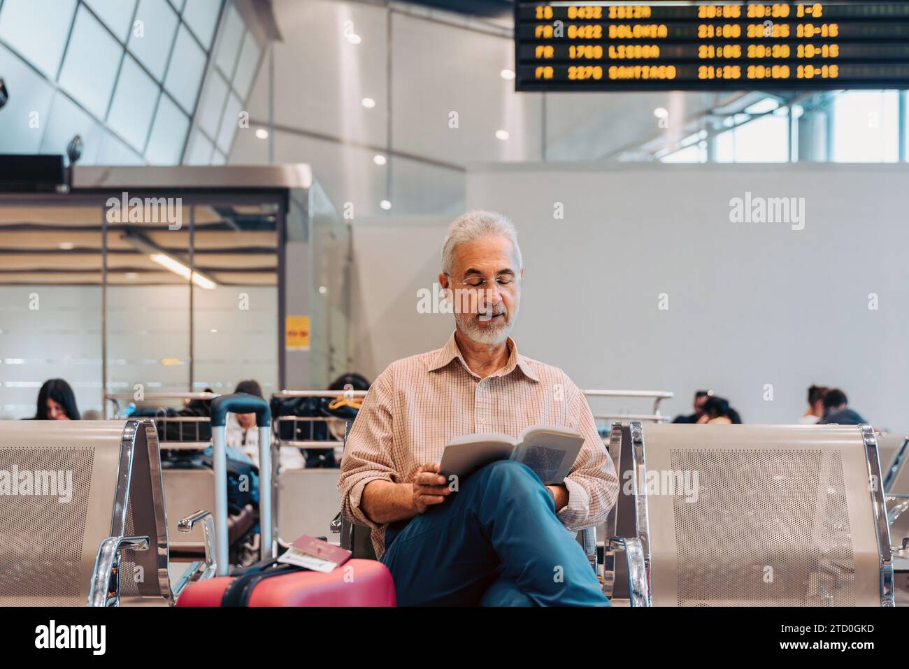 Bärtiger, fokussierter männlicher Passagier in Brille und lässiger Kleidung, der mit einem Koffer mit Stuhl sitzt und ein Buch liest, während er auf den Flug am airpor wartet Stockfoto