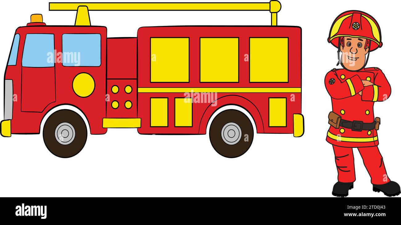 Vektor-Illustration des Feuerwehrmannes, der vor dem Feuerwehrauto steht Stock Vektor