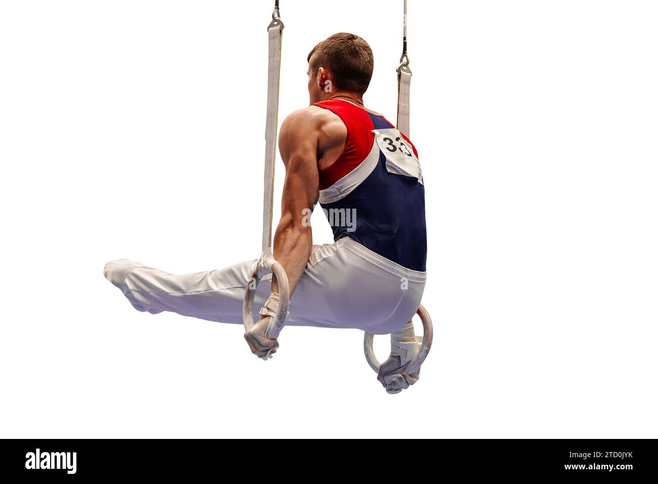 Männliche Turnerübung l-sitze Position auf Ringrahmen in der künstlerischen Gymnastik isoliert auf weißem Hintergrund, Sommersportspiele Stockfoto