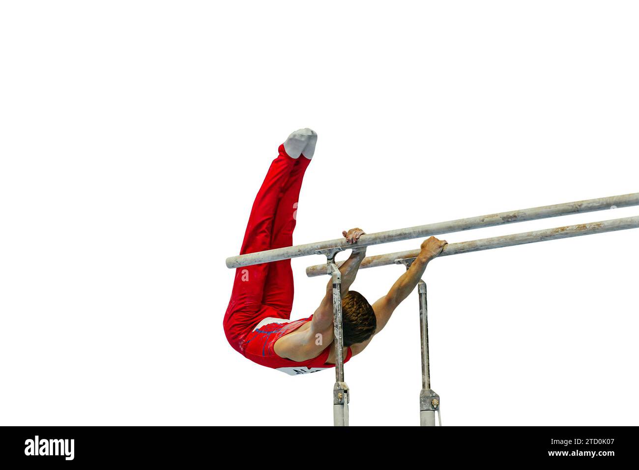 Athlet Gymnast Übung auf parallelen Bars Wettbewerb künstlerische Gymnastik isoliert auf weißem Hintergrund, Sommersportspiele Stockfoto