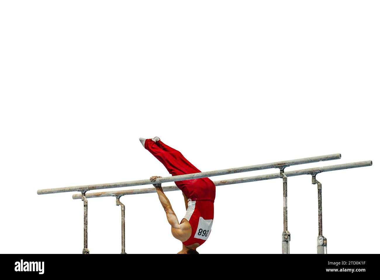 Gymnastikübungen parallele Bars in Meisterschaftsgymnastik isoliert auf weißem Hintergrund, Element zhou shixioug Stockfoto