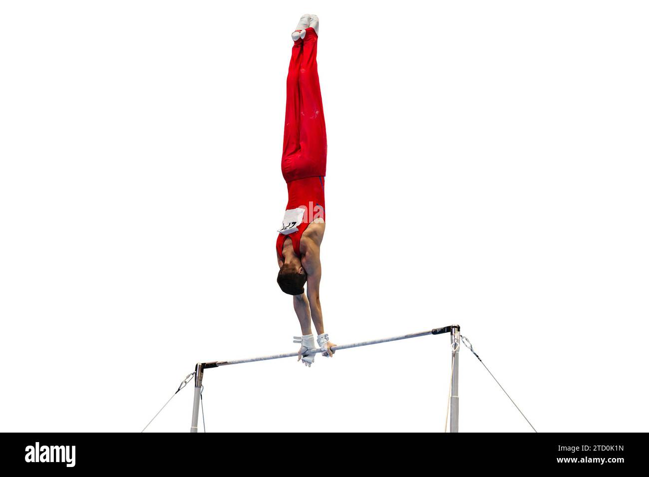 Gymnastikübungs-horizontaler Stab in Meisterschaftsgymnastik isoliert auf weißem Hintergrund, Element-Handstand Stockfoto