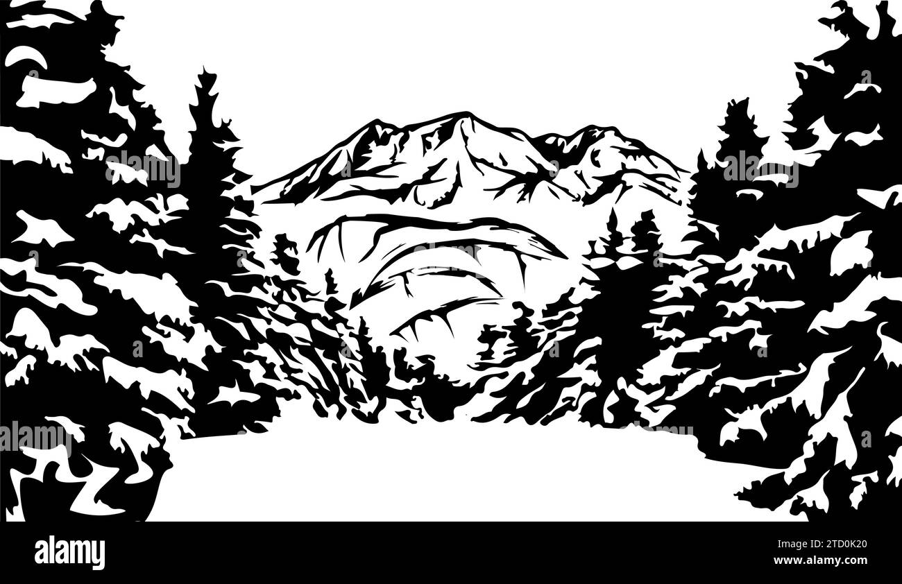 Einfarbige Illustration mit Blick auf Berge und verschneite Winterholzzeichnung im Holzschnitt Stock Vektor