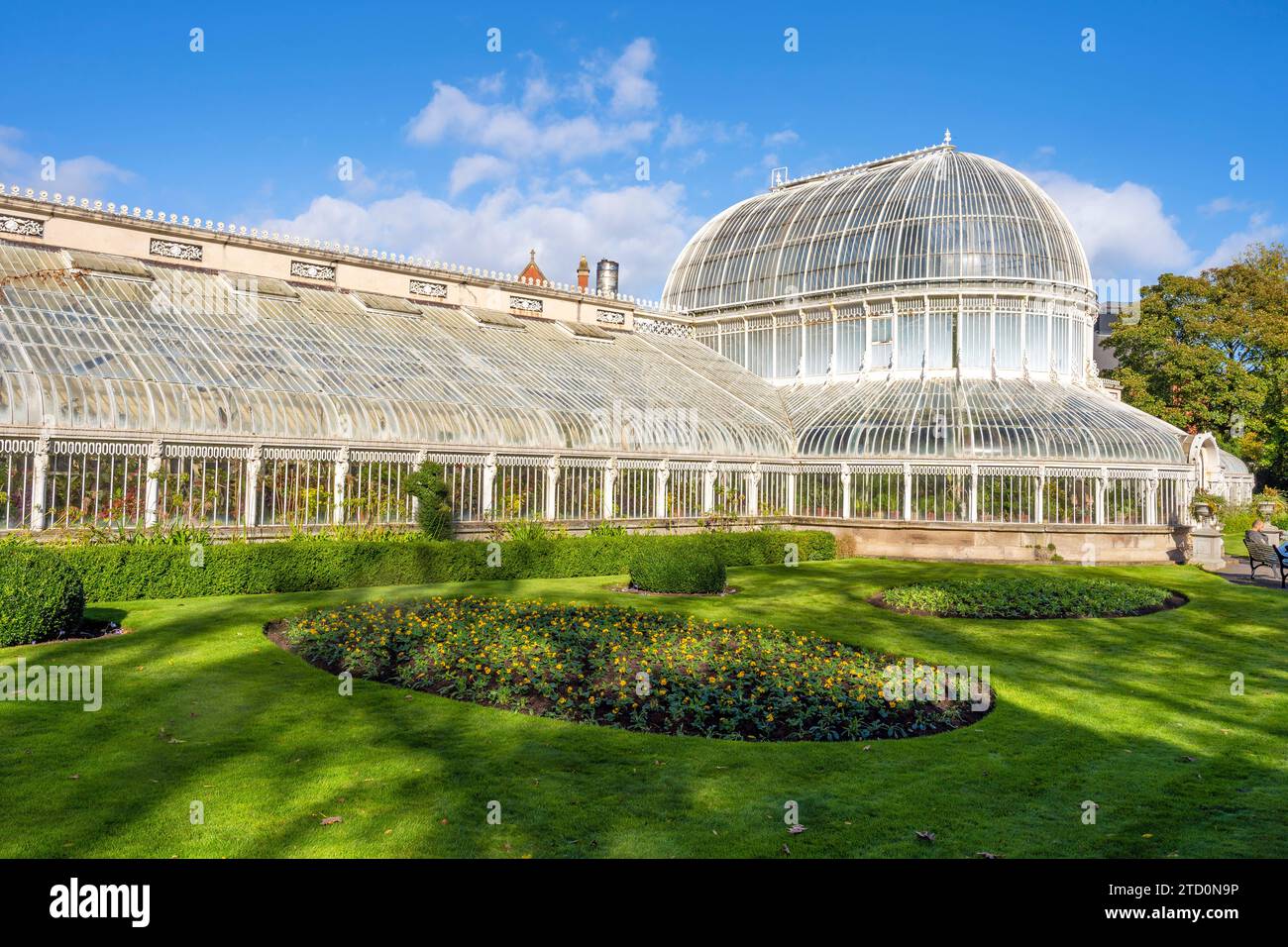 Außenansicht des Palm House, eines gusseisernen Glashauses, das im 19. Jahrhundert von Charles Lanyon entworfen wurde, in den Botanischen Gärten in der Nähe des Ulster Museums in Belfast Stockfoto