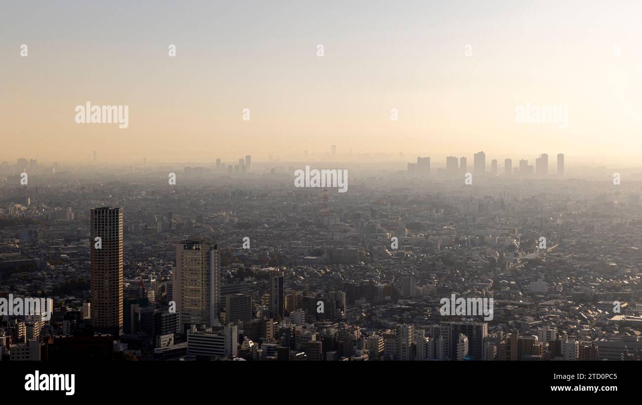 Blick auf den Sonnenuntergang von Tokio vom Himmel Shibuya Stockfoto