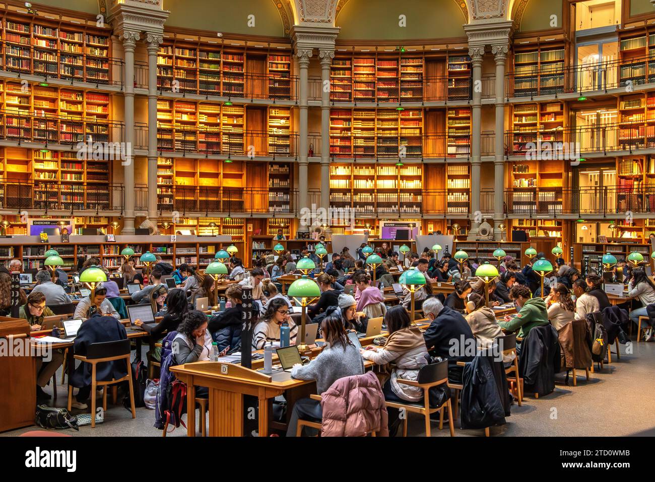 Die Leute lesen und studieren die Bücher im prächtigen ovalen Lesesaal in der Bibliothèque nationale de France (BNF), Richelieu Site, Paris, Frankreich Stockfoto