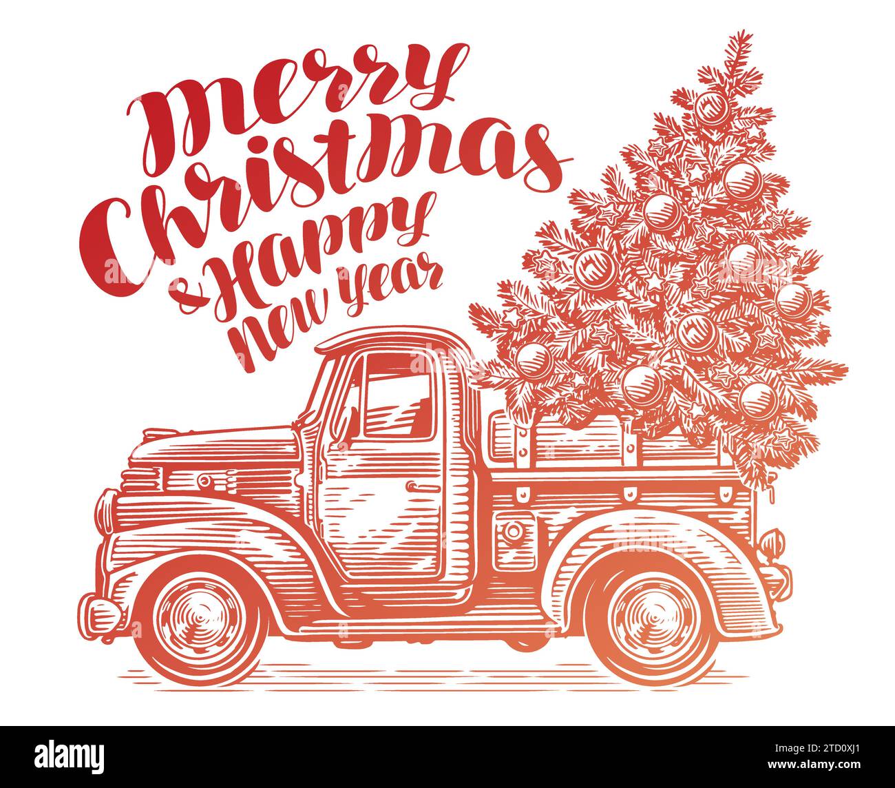 Weihnachtsbaum und Retro-Farmwagen. Grußkarte oder Banner mit Glückwunschtext Stock Vektor