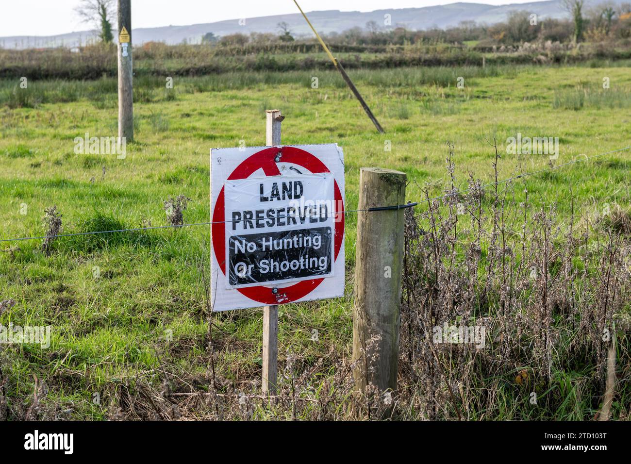 Kein Jagd- oder Schießschild auf einem Feld in Irland. Stockfoto